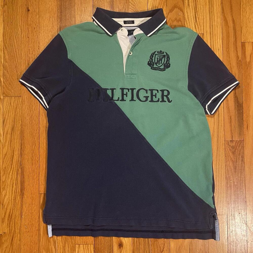 Vintage Tommy Hilfiger Big Spellout Embroidered Logo Polo Shirt  Cut & Sew Sz M
